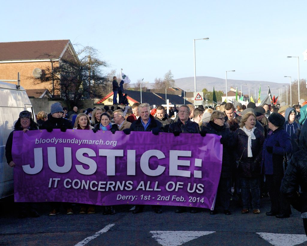 Photograph of the front of the Bloody Sunday march for Justice 2014 setting off from Creggan shops