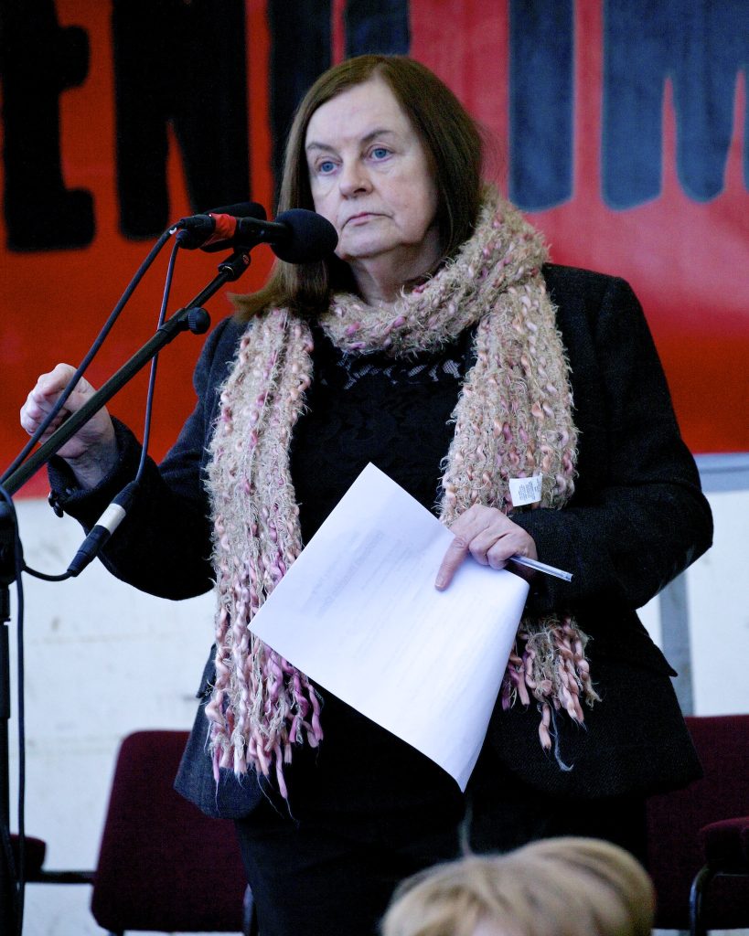Photograph of Bernadette McAliskey addressing the crowd at the end of the Bloody Sunday march for Justice 2014.