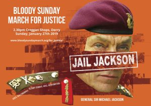 Picture of the banner for the 2019 Bloody Sunday march, calling for the jailing of Sir Michael Jackson